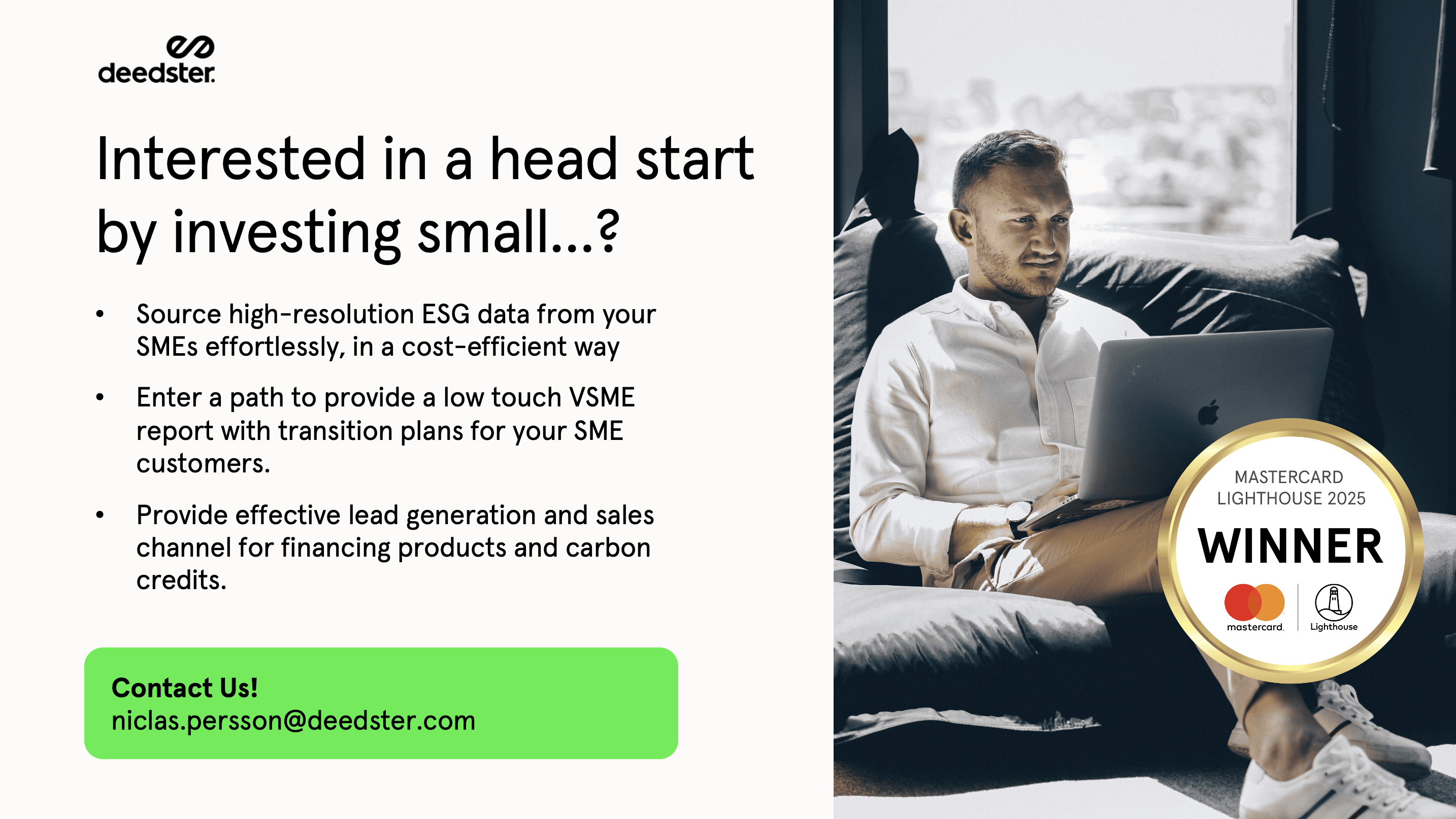 Businessman sitting on a sofa with a laptop; Deedster Mastercard Lighthouse award displayed, illustrating actionable ESG insights for SME portfolios and climate risk.